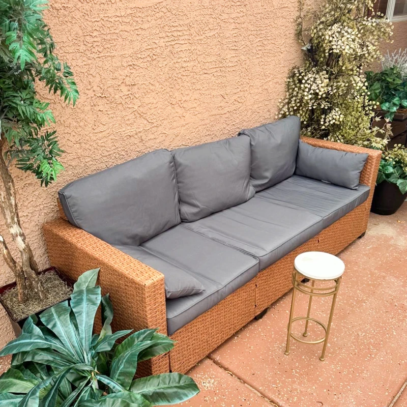 Outsunny Patio Couch PE Wicker Deep Seating Outdoor Sofa with Removable Cushions, 3 Seater Rattan Sofa, Outdoor Furniture for Balcony, Deck, Garden and Poolside, Sand