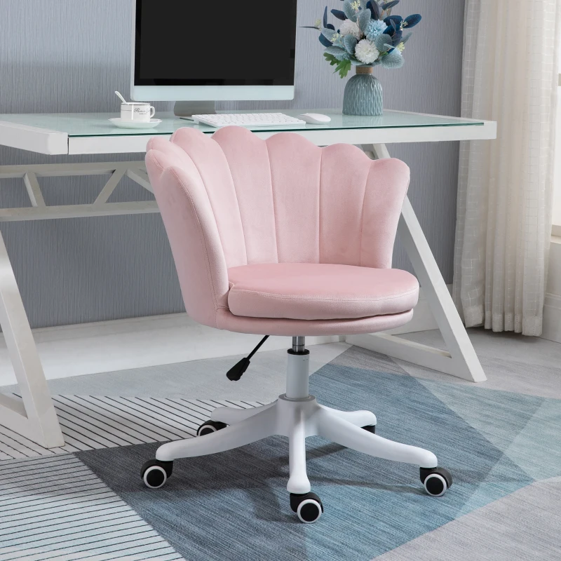 HOMCOM Adjustable Height Study Chair, Mid Back Velvet Office Chair with Swivel Wheels, Pink
