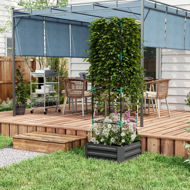 Outsunny Galvanized Planter Box, Outdoor Raised Garden Bed with 4-Tier Trellis Tomato Cage for Climbing Vines, Vegetables, Grey