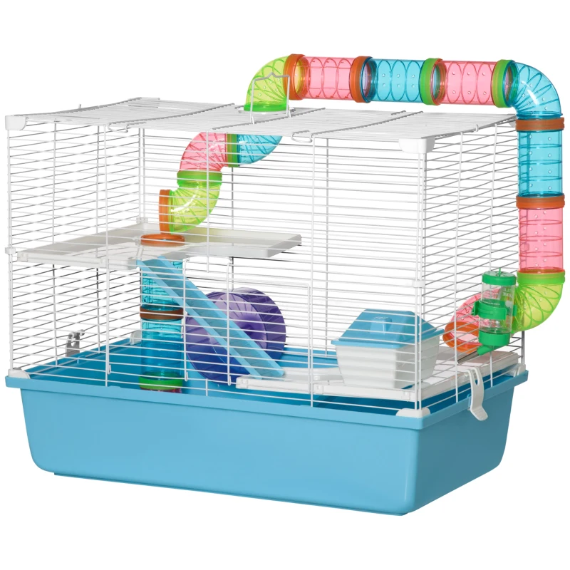 PawHut 3-Tier Large Hamster Cage with Tubes and Tunnels, Portable Carry Handles, Toy-Filled Steel Small Animal House, Includes Exercise Wheel, Water Bottle, Food Dish, 23" x 14" x 18.5", Light Blue