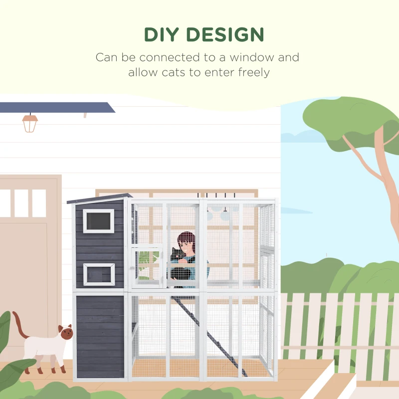 PawHut Wooden Outdoor Catio with Platforms, Asphalt Roof, Ramps, Light Gray