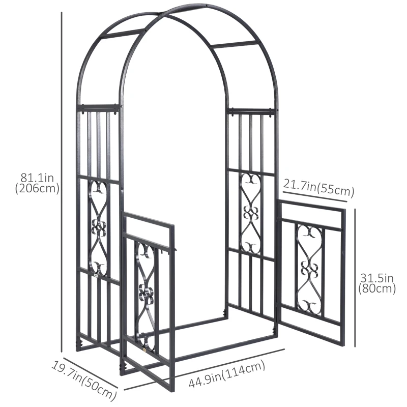 Outsunny 81" Steel Garden Arch with Gate Outdoor Courtyard Arbor for Climbing Vine Plants Lawn Backyard Decoration Dark Grey