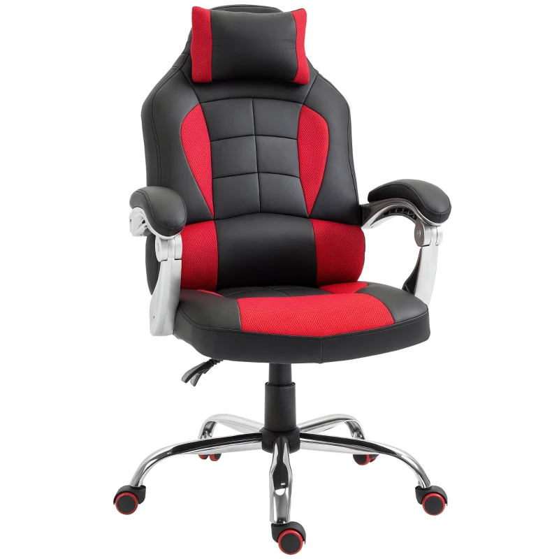 HOMCOM Racing Gamer Chair, High Back Faux Leather Gaming Chair with Headrest and Lumbar Support, Red