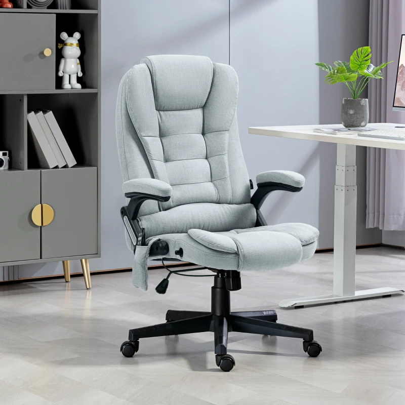 Vinsetto 6 Point Vibrating Massage Office Chair with Heat, Linen High Back Massage Desk Chair with Reclining Backrest, Light Gray