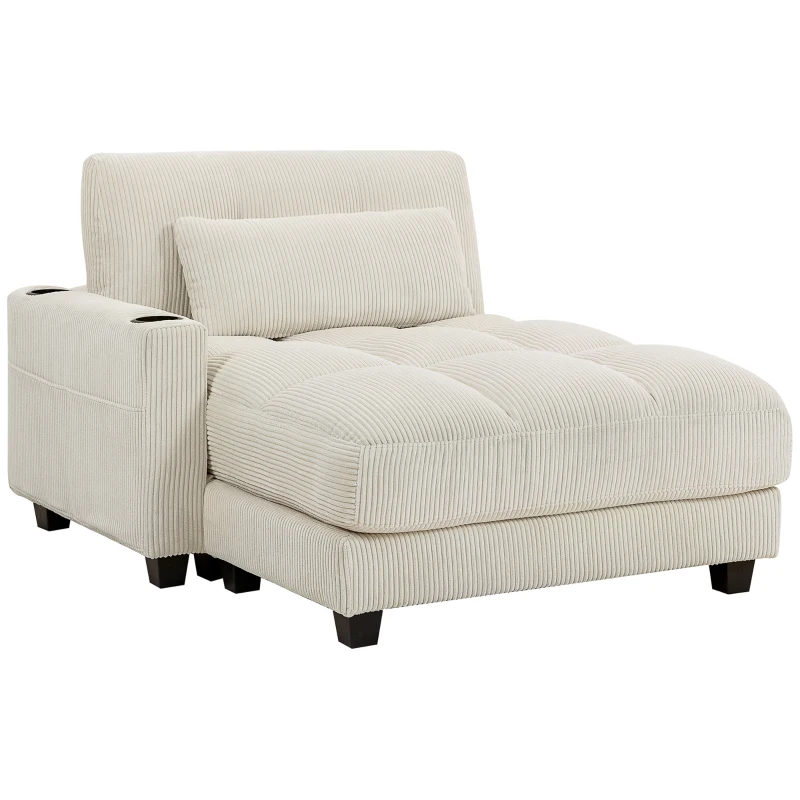 HOMCOM 58" Chaise Lounge Indoor, Oversized Corduroy Sofa Bed with 2 Cup Holders, Pillow, Deep Seat Sleeper Couch, Cream White