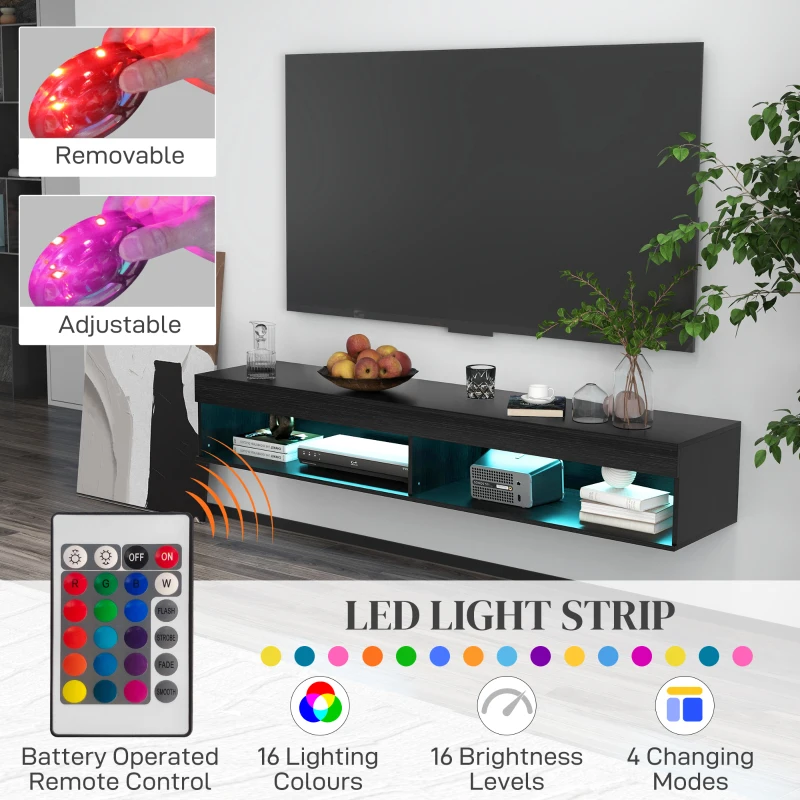 HOMCOM Modern Wall Mounted TV Stand with Storage and LED Lights for TVs up to 75", Floating TV Shelf for Living Room, Black(m-5)