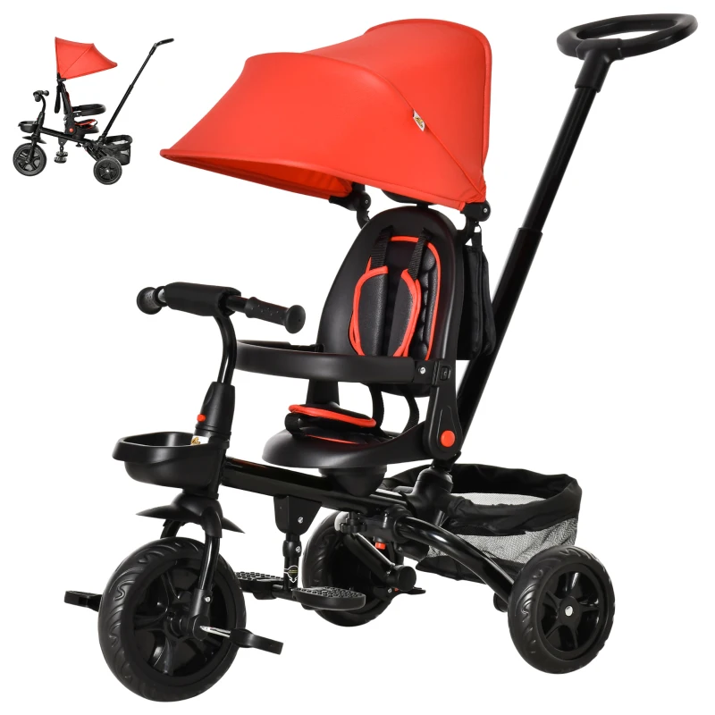 Qaba Tricycle for Toddler 5 in 1 Kids Trike, Foldable Converts Stroller to Toddler Bike, Adjustable Backrest & Curved Canopy, Detachable Guardrail & Handle for 1-5 Years Old, Red