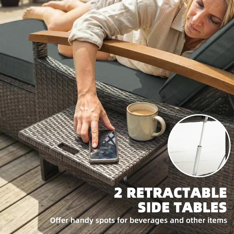 Outsunny Rattan Outdoor Daybed w/4-Level Adjustable Backrest, Patio Sofa Bed w/Storage Ottoman, Acacia Wood Armrest, Mixed Gray