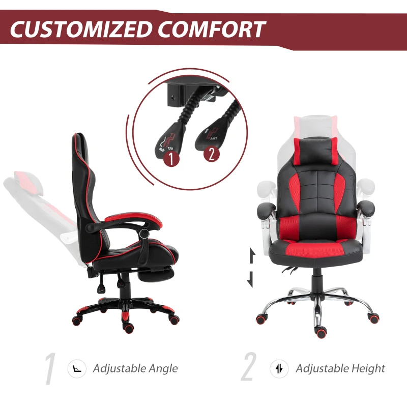 HOMCOM Racing Gamer Chair, High Back Faux Leather Gaming Chair with Headrest and Lumbar Support, Red