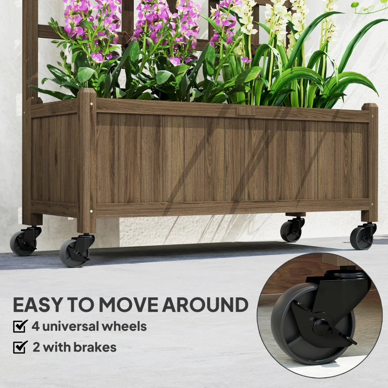 Outsunny Wooden Planter with Trellis, Raised Garden Bed with Wheels, Drainage Holes for Climbing Plants, Flowers, Brown
