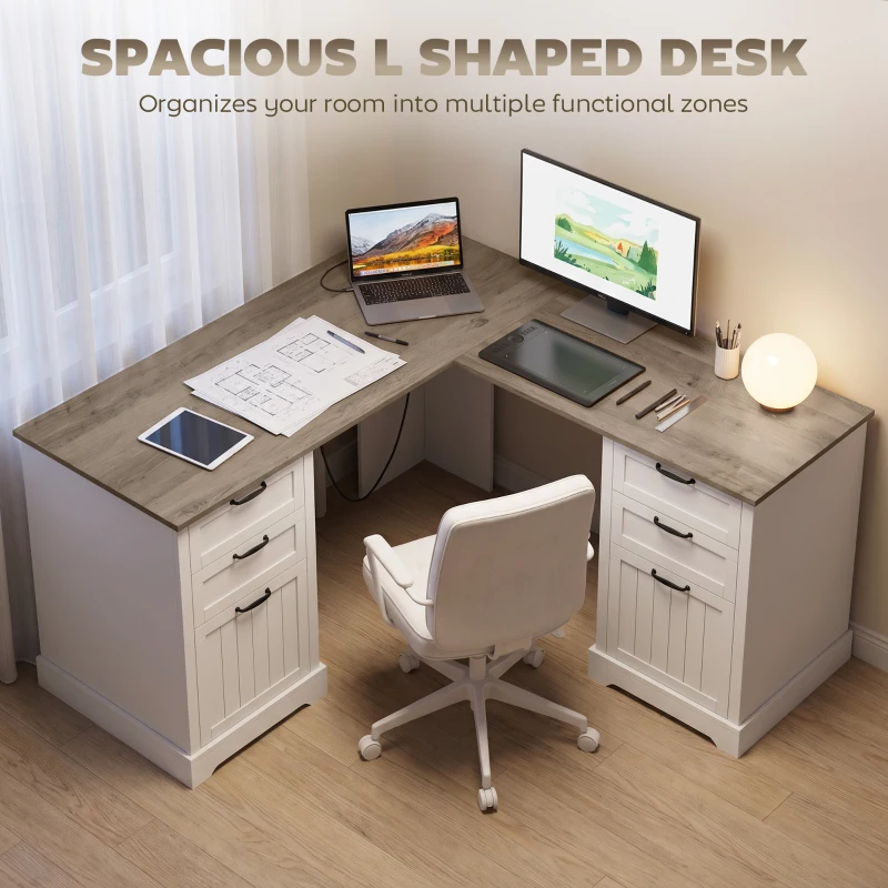 HOMCOM L Shaped Computer Desk with Power Outlets & USB Charging, Corner Desk with 6 Drawers, Hanging Bar, Brown and White
