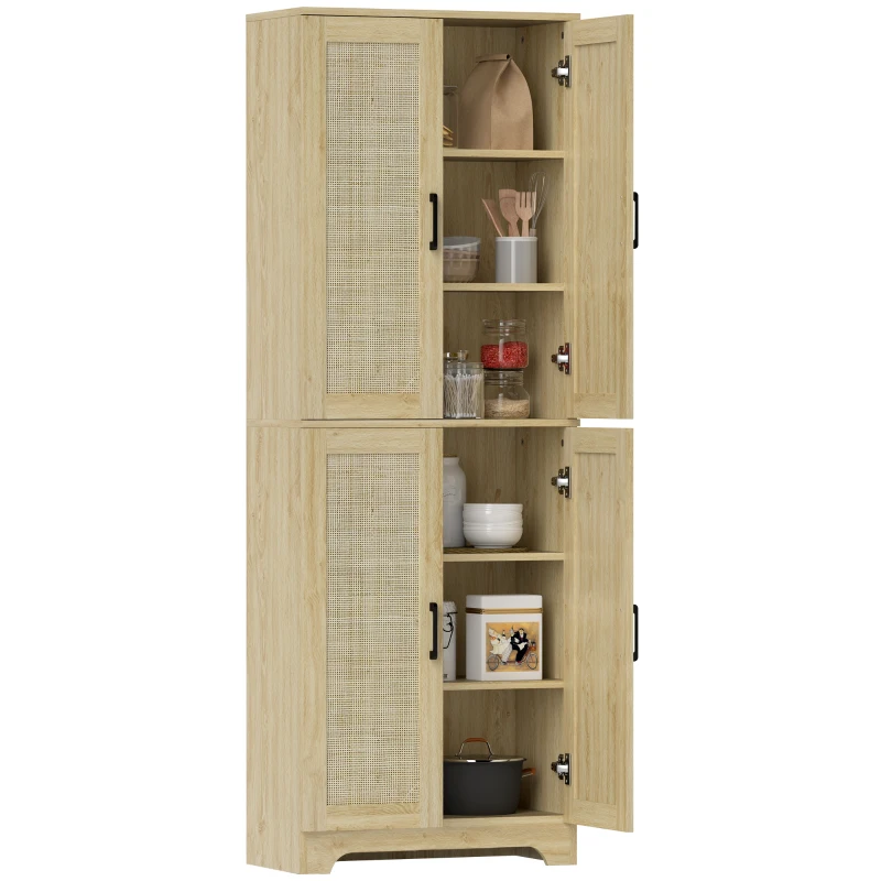 HOMCOM 67" Tall Kitchen Pantry, Freestanding Kitchen Storage Cabinet with 4 Rattan Doors and Adjustable Shelves, Oak