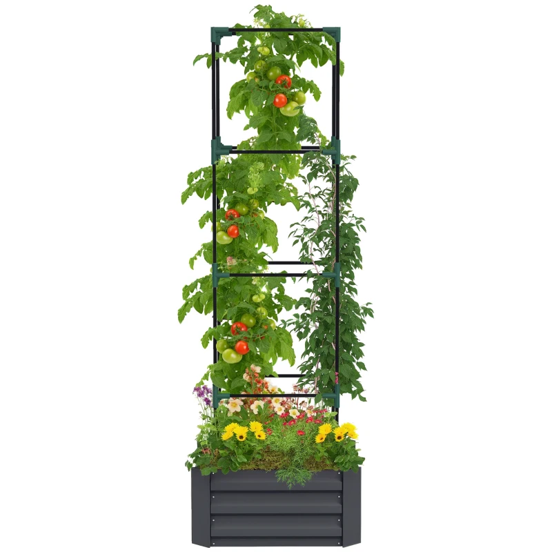 Outsunny Galvanized Planter Box, Outdoor Raised Garden Bed with 4-Tier Trellis Tomato Cage for Climbing Vines, Vegetables, Grey