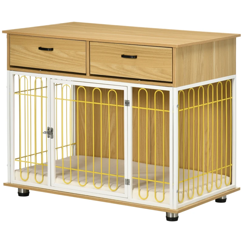PawHut Dog Crate with Drawers, Soft Cushion, Lockable Door, for Small and Medium Dogs, Oak