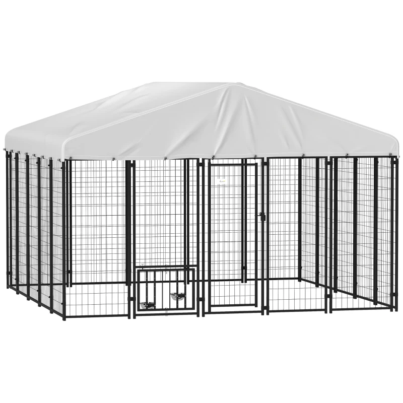 PawHut Welded Wire Outdoor Dog Kennel with 360° Rotating & 4 Levels Adjustable Bowls, Waterproof Cover, 9.8' x 9.8' x 6.8'