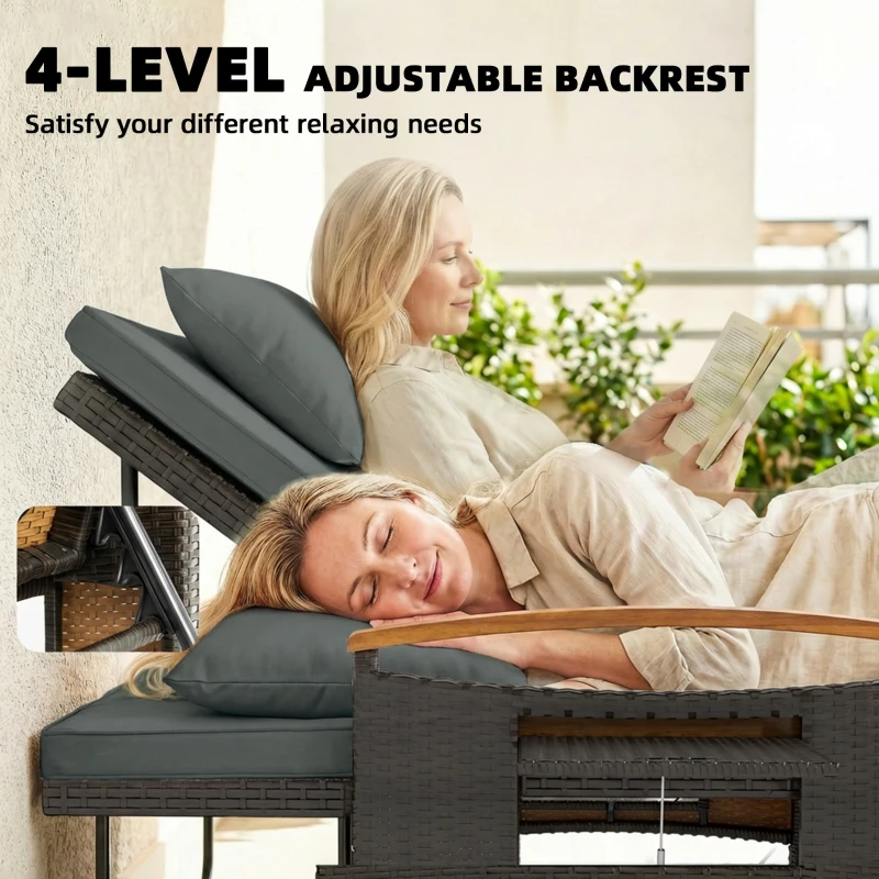 Outsunny Rattan Outdoor Daybed w/4-Level Adjustable Backrest, Patio Sofa Bed w/Storage Ottoman, Acacia Wood Armrest, Mixed Gray