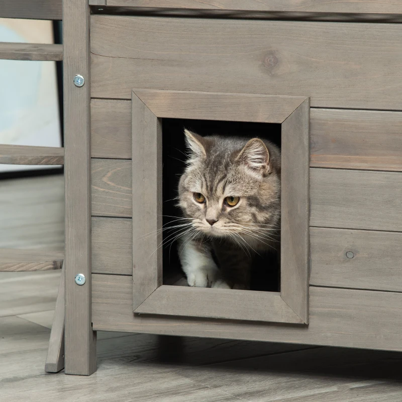 PawHut Wooden Cat House, 2-Floor Feral Cat Shelter, Kitten Condo Outdoor, Small Dog House with Balcony, Stairs, Asphalt Roof, Light Gray