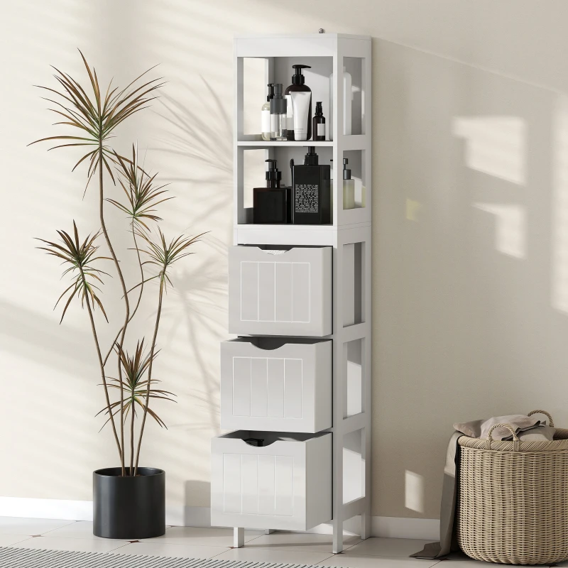 HOMCOM Narrow Bathroom Storage Cabinet, Bathroom Cabinet with 3 Drawers & 2 Open Shelves, Slim Bathroom Floor Cabinet, White