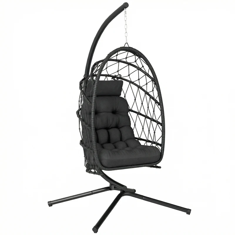 Outsunny Hanging Egg Chair with Stand, Foldable Wicker Rattan Swing Chair with Thick Cushion and Safety Rope, Black