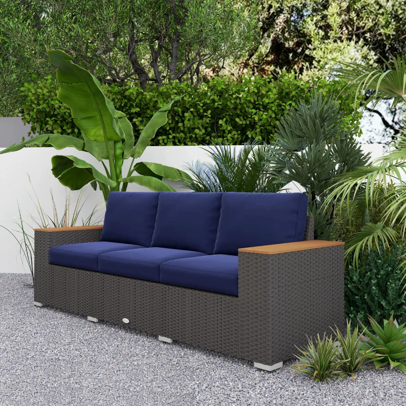 Outsunny 3-Seater Outdoor Sofa Couch, PE Wicker Patio Sofa with Cushions, Wood Grain Armrests, Dark Blue