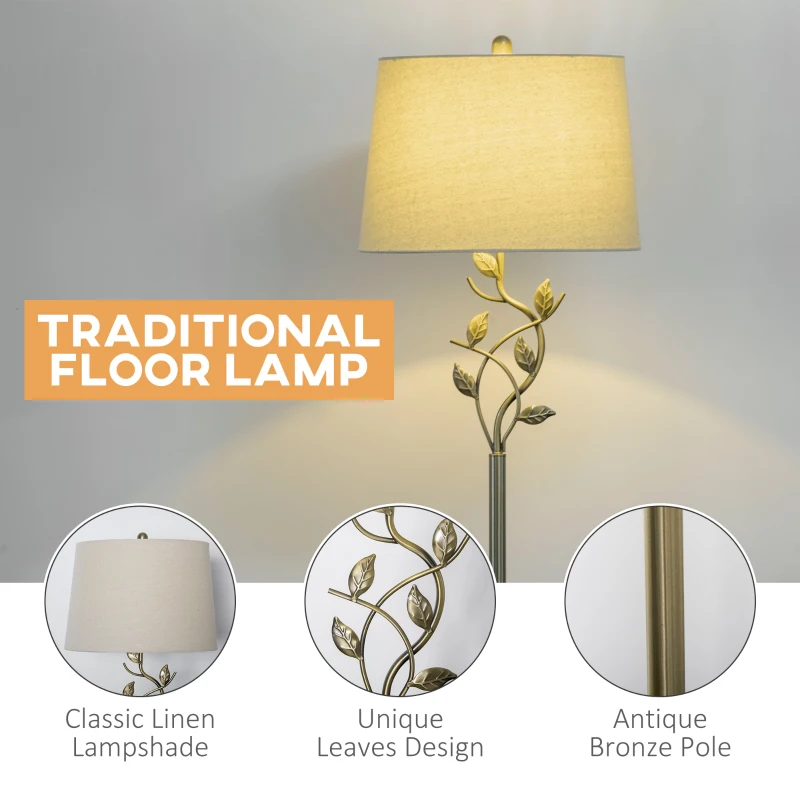 HOMCOM Traditional Floor Lamp with Leaf Design and Tapered Lampshade, Standing Lamp for Living Room, Bedroom, Office, Antique Bronze