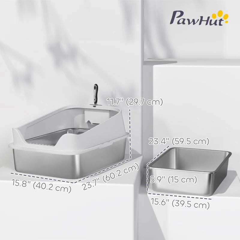 PawHut Cat Litter Box Stainless Steel with Metal Litter Scoop, Never Absorbs Odors, Anti Leakage, 24" x 16" x 12", Grey