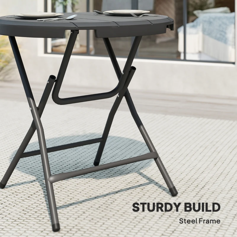 Outsunny Foldable Round Patio Table for 4, Outdoor Dining Table with HDPE Tabletop and Steel Frame, Dark Grey