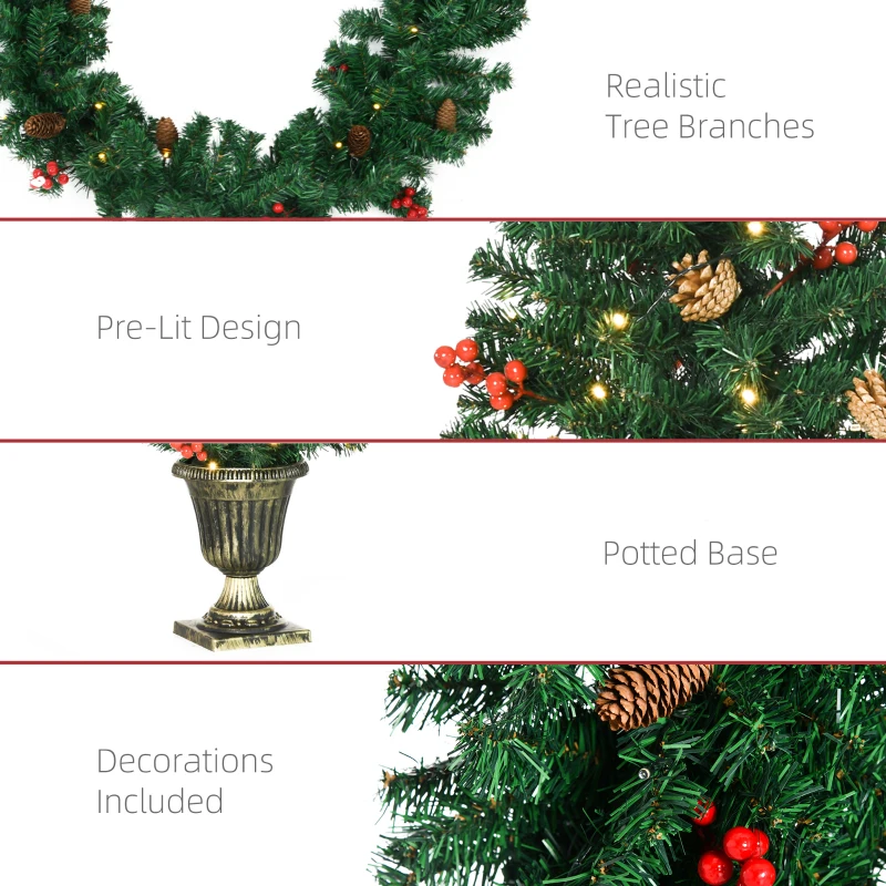 HOMCOM Prelit Holiday Christmas 4-Piece Set, Garland Wreath and Set of 2 Entrance Trees with Warm White LED Lights, Green