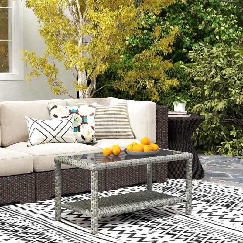Outsunny 35" Outdoor Wicker Coffee Table with Glass Top, Storage Shelf for Garden Porch Balcony Deck, Dark Grey