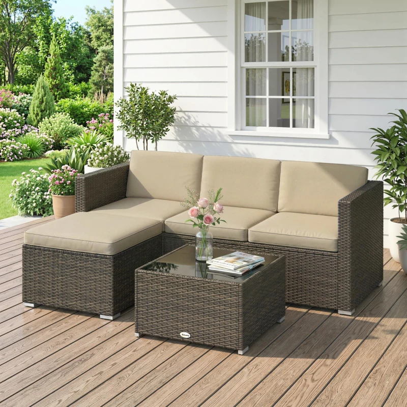 Outsunny 3 Pieces Patio Furniture Set with Cushions, Outdoor PE Rattan Wicker Conversation Corner Sofa Set, Khaki