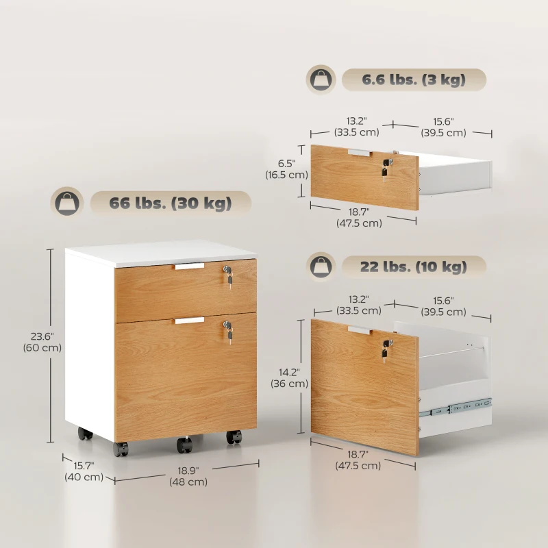 HOMCOM 2 Drawer Small Filing Cabinet Lockable Office Storage Cabinet with Hanging Bars for A4 Legal Letter White Nature Wood