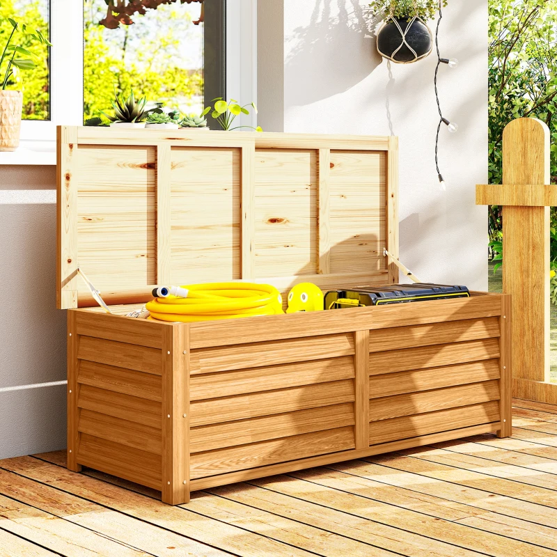 Outsunny 176L Outdoor Storage Box, Wooden Deck Storage Container with 2 Safety Hinges for Balcony, Porch, Poolside, Light Brown
