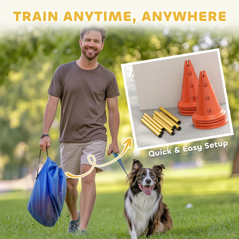 PawHut Dog Agility Hurdle Cone Set, Adjustable Obstacle Course Equipment with 8 Cones & 8 Poles, Carry Bag, Orange