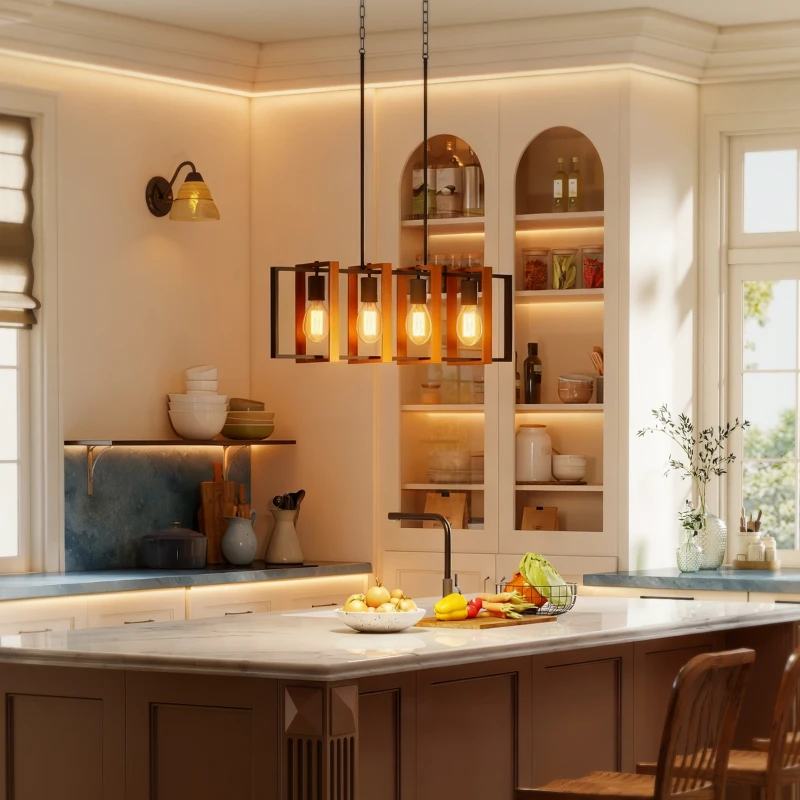 HOMCOM Farmhouse Kitchen Island Lighting, Linear Pendant Light with 4 Rotatable Frames and Adjustable Height, Walnut