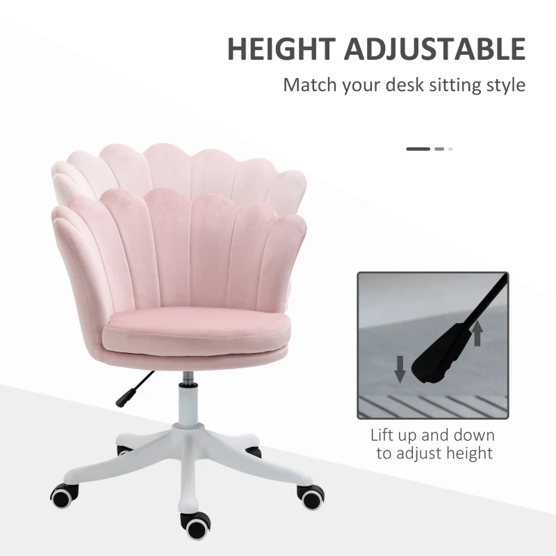 HOMCOM Adjustable Height Study Chair, Mid Back Velvet Office Chair with Swivel Wheels, Pink