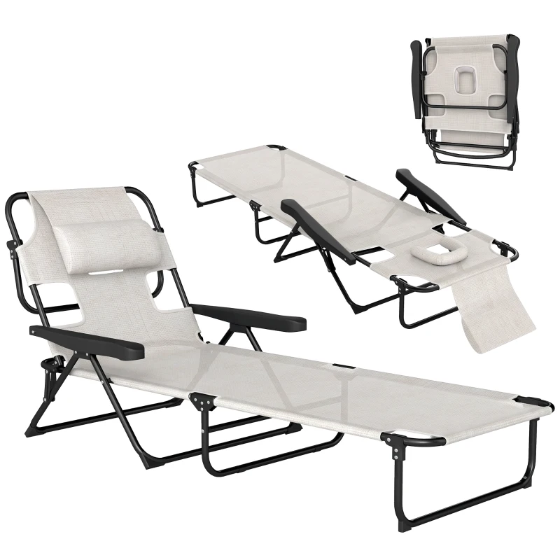 Outsunny Folding Lounge Chair w/ Reclining Back, Cream White