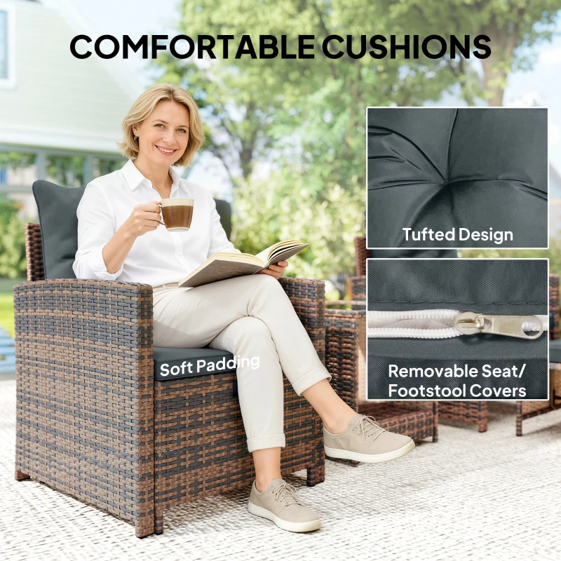 Outsunny 5 Piece Patio Furniture Set, Wicker Patio Chairs with Ottomans, 2-Tier Glass Coffee Table and Cushions, Brown/Dark Grey