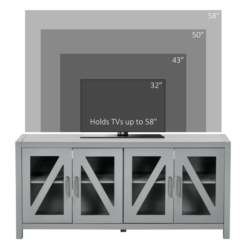 HOMCOM TV Cabinet Stand for TVs up to 58", Entertainment Center with Adjustable Shelves, 4 Glass Doors and 4 Cable Holes, Gray