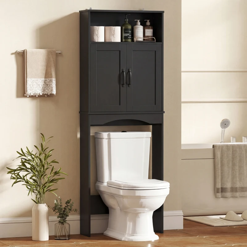 HOMCOM Over The Toilet Storage Shelf Freestanding Bathroom Organizer with 2 Doors and Open Shelf Black