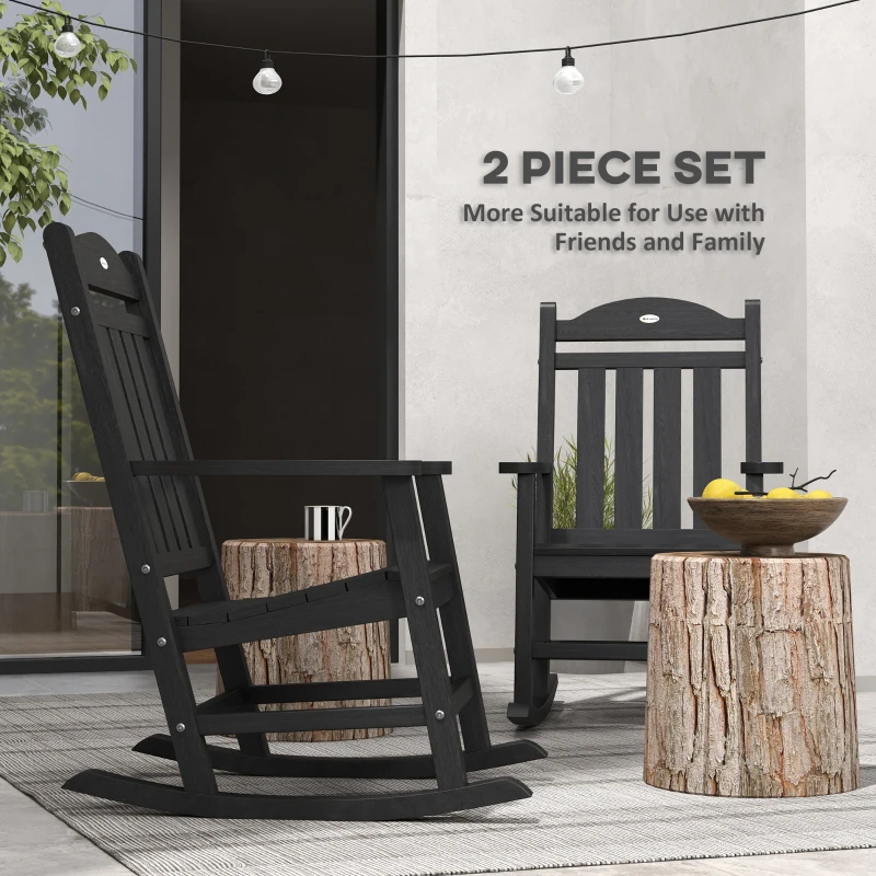 Outsunny 2PCs Outdoor Rocking Chair with Armrests, Fade-Resistant Waterproof HDPE for Indoor & Outdoor, Black