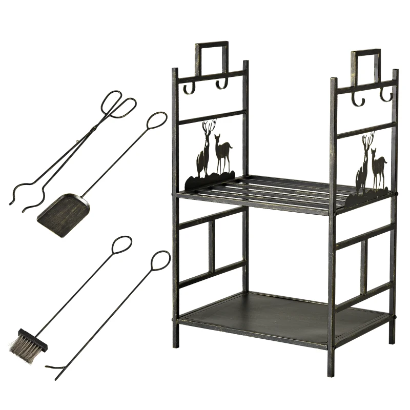 Outsunny 20.25" x 13" x 30.25" 2-Layer Heavy Duty Firewood Rack Wood Log Fireplace Stacker  w/ 4 Tools, Black and Gold