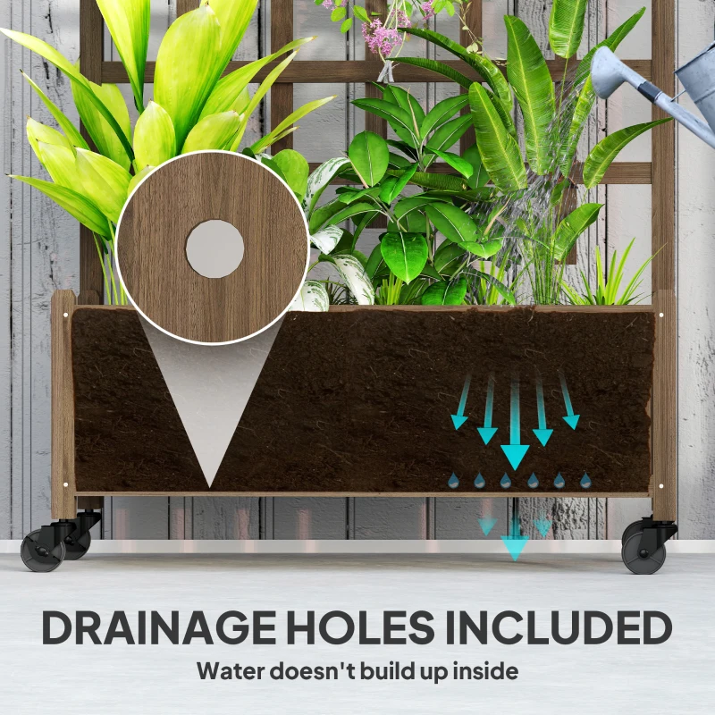 Outsunny Wooden Planter with Trellis, Raised Garden Bed with Wheels, Drainage Holes for Climbing Plants, Flowers, Brown