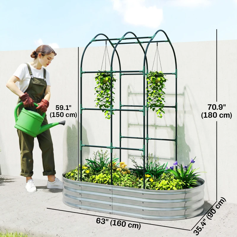 Outsunny Galvanised Raised Garden Bed with Arched Trellis, 5 x 3 x 6ft Metal Outdoor Planter Box with Open Bottom, Silver