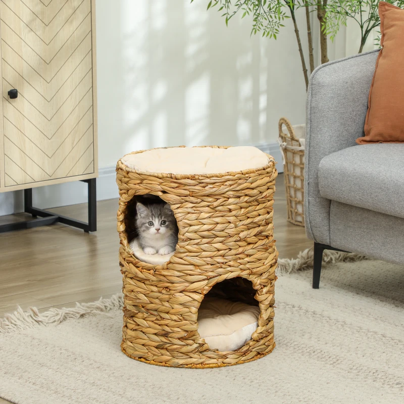 PawHut 2-Storey Cat Condo Barrel, Small Cat Tree Tower with Top Perch and 2 Hideaways, 2 Entrances, 3 Cushions, Light Brown