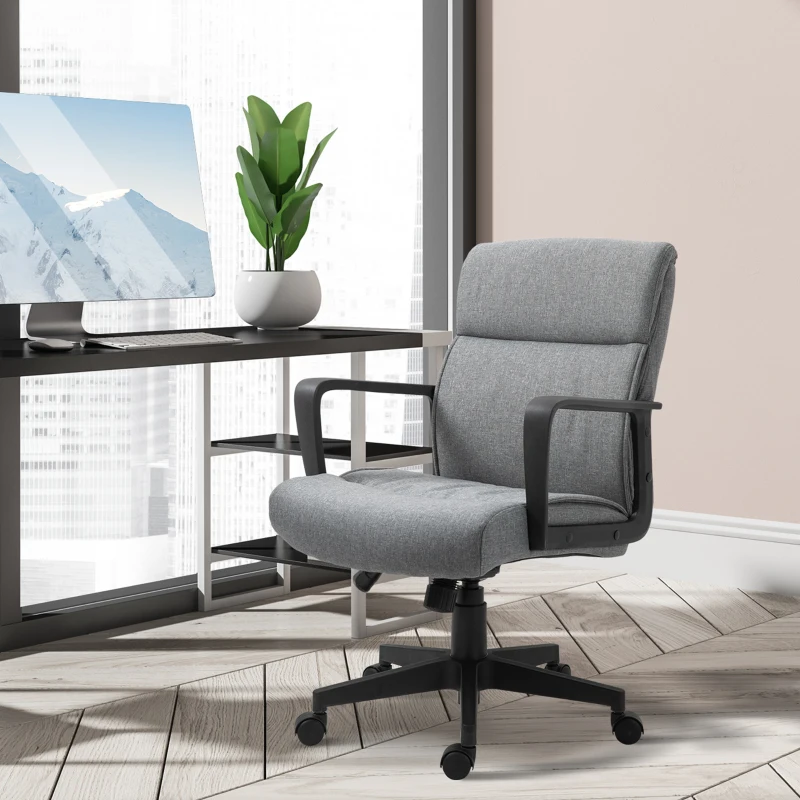 Vinsetto Mid Back Home Office Chair Height Adjustable Linen Fabric Desk Task Chair with Ergonomic Line Wide Seat, Thick Padding, and Armrest
