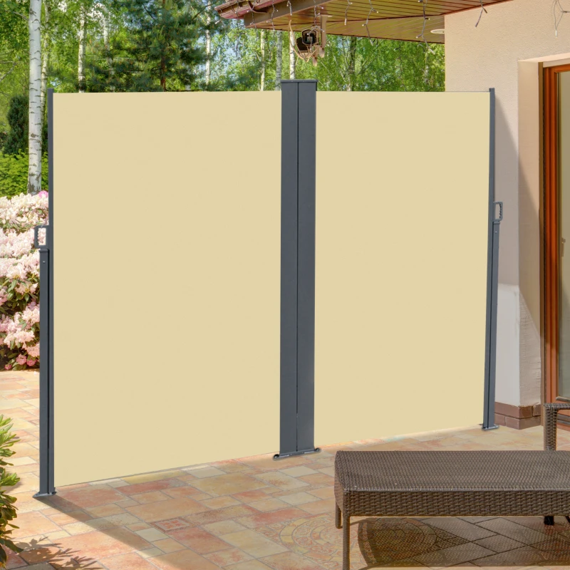 Outsunny 20' Double Retractable Patio Side Awning Garden Sun Shade with UV-Fighting Screen, Auto Pull-Back Function, & Steel Frame, Outdoor or Indoor Use, Beige