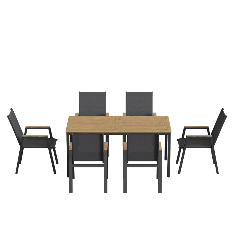 Outsunny 7 Piece Outdoor Dining Set, Rectangle Patio Table and 6 Mesh Chairs with Slatted Tabletop for Backyard, Deck, Garden