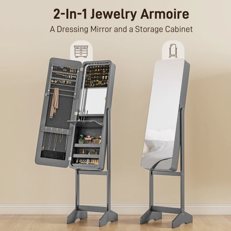 HOMCOM Standing Mirror Jewelry Cabinet, Jewelry Storage Cabinet with LED Lights and Angle Adjustable Full Length Mirror, Grey