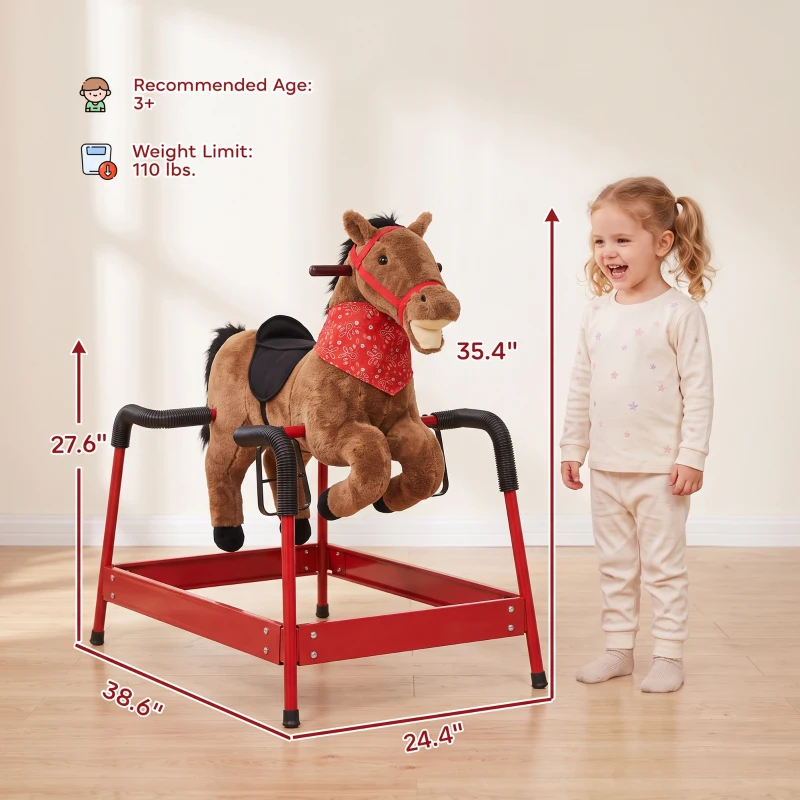 Qaba Kids Spring Rocking Horse, Ride on Horse with Neighing Sounds, Plush Animal Ride on Toy for Ages 3+ Years, Brown