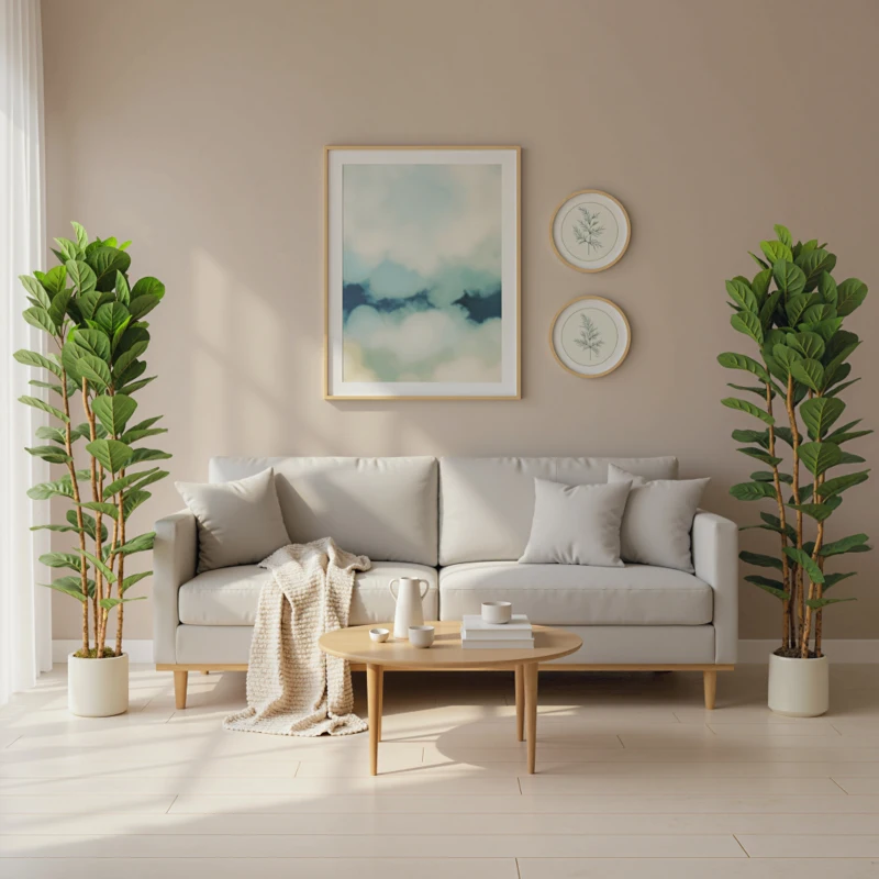 HOMCOM 6FT Artificial Fiddle Leaf Fig Tree Set of 2, Fake Potted Tree with Solid Wood Trunks for Indoor Decor, Green
